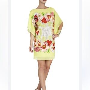 BCBG Max Azria Lemongrass Miriam Floral Kimono Chiffon Caftan mini Dress M/L